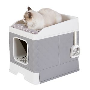 WISFOR Box na podstielku pre mačky s vankúšom pre mačky, skladací box na podstielku s podnosom na podlahu, XXL box na podstielku s kapucňou a lopatkou, skladací