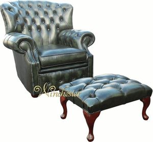 Fotel skrzydłowy Chesterfield 1 osobowy + stołek designerska skórzana sofa kanapy nowe zielone