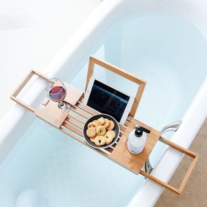 Decopatent® Universal-Badwannenablage, lässt sich von 50cm -> 93 cm verstellen - Ausgestattet mit Buchhalterung - Tablet-Halter - Bambus - Holz - Badewannenablage