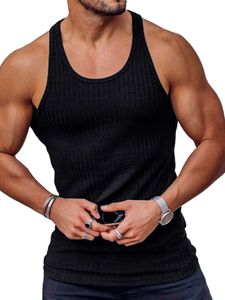 Herren Gerippt Tank Tops Bodybuilding Sommer Tops Slim Fit Rundhalsausschnitt T-Shirt Schwarz,Größe M