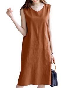 Damen Sommerkleider Leinen Kleider Strandkleid V-Ausschnitt Kleid Freizeitkleider Orange,Größe XL