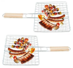 2 x Grillguthalter mit Holzgriff | BBQ Grillkorb für Fischgemüse Steak Garnelenkoteletts | 23 x 21 cm Grillgitter aus Metall | Gemüsekorb Burger Grillwender | Grilling Basket | Grill Rost zum Grillen