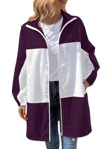 Frauen Taschen Regenjacke Fall Windbreaker Überzug Losen Farbblock Trench Coat,Farbe:Violett,Größe:L