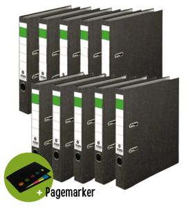 10 x Ordner 50mm grüner Balken neutral A4 Wolkenmarmor schmal & Kantenschutz + Pagemarker
