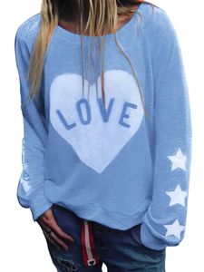 Damen Langarm Casual Sweatshirt Bedrucktes T-Shirt,Farbe: Blau,Größe:XXL