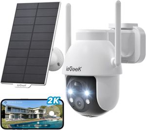ieGeek 2K 3MP HD Überwachungskamera Aussen Solar, 360° PTZ Überwachungskamera Aussen Akku, 2.4GHz WLAN Kamera mit PIR Bewegungsmelder,Farb-Nachtsicht