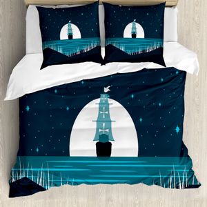 ABAKUHAUS Nachtozean Bettbezug Set für Einzelbetten, Mondschein auf Wasser Schiff, Milbensicher Allergiker geeignet mit Kissenbezug, 155 cm x 220 cm - 80 x 80 cm, Petrol Blau Dunkel Teal