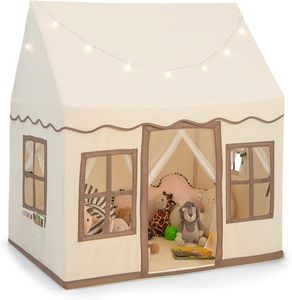 COSTWAY dětský hrací domeček s hvězdičkami, dětský stan pro princezny s okny a síťovými závěsy, dětský hrací stan domeček pro kluky a pohádky (světle hnědý)