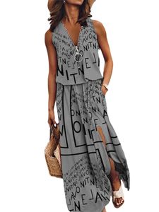 Damen Letter Print Long Maxi Kleider gegen Hals Sommer Beach Sundress Hawaiian Tank Kleid Grau,Größe M