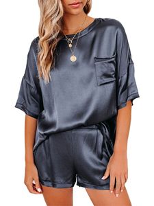 Damen Satin Seide Pyjama Set Nachtwäsche Kurzarm Tasche T-Shirt + kurze Hose Schlafanzüge,Farbe:Dunkelblau,Größe:L