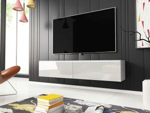 MIRJAN24 TV-Lowboard Detroit D140, Stilvoll TV-Tisch, 2 Türen, Modern Wohnzimmer (Weiß / Weiß Hochglanz, mit Beleuchtung)