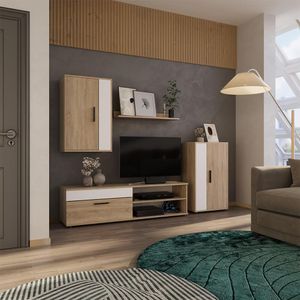 Wohnwand Berno 204 cm – Weiß und Sonoma, TV-Schrank, Hängeschränke, Regal, Wohnzimmer, Modern, Industrial, Stauraum, minimalistisch Wohnwand Berno 204 cm – Weiß und Sonoma, TV-Schrank, Hängeschränke, Regal, Wohnzimmer, Modern, Industrial, Stauraum, minimalistisch