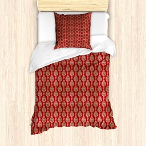ABAKUHAUS Damast Bettbezug Set für Einzelbetten, Oriental Warm-Strudel-Motiv, Milbensicher Allergiker geeignet mit Kissenbezug, 135 cm x 200 cm - 80 x 80 cm, Tan und Vermilion
