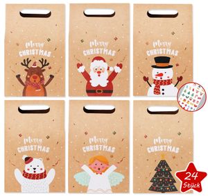 24 Stück Weihnachten Tüten Papiertüten  Geschenktüten Kraftpapier mit 6 verschiedenen Weihnachtsmuster（Weihnachtsmann、Elch、Engel、Weihnachtsbaum、Eisbär、Schneemann）jede Tüte ein Einzelstück
