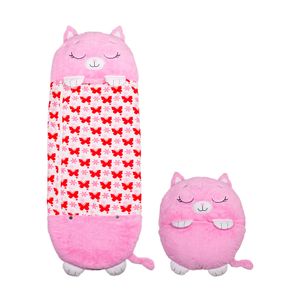 Happy Nappers Katze pink | Large 6-12 Jahre | Spielen - kuscheln- schlafen | Flauschiger Kinderschafsack | 4 Motive | 2 in 1 Kuscheltierschlafsack & Kissen für Mädchen und Jungen