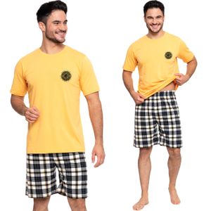 Moraj Herren Schlafanzug Kurzarm + Shorts 4600-006, Farbe: Gelb/Schwarz, Große: 2XL