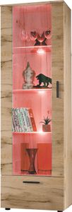Komodee, Vitrine Schrank Alessandria, Wotan/Wotan, Breite 60cm x Höhe 192cm x Tiefe 42cm, 3 Glasböden, 1 Regal aus laminierter Platte, für Wohnzimmer, Schlafzimmer, LED RGB