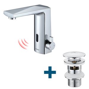 Lonheo Infrarot Sensor Wasserhahn Automatik Waschtischarmatur mit Ablaufgarnitur, Einhandmischer Wasserhahn Bad mit Pop Up, Chrom