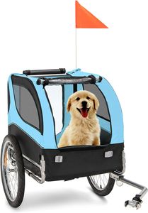GOPLUS Haustieranhänger, Atmungsaktiver Hundewagen mit 3 Eingängen, Sicherheitsfahne, Reflektoren, Transportbox mit Schnellspannrädern, Universal-Fahrradkupplung, für mittelgroße Hunde & Haustiere, Blau