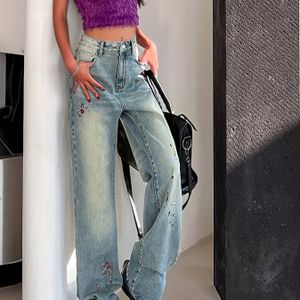 Vintage-Jeans mit Stickerei und hohem Bund, verblassende Jeans mit Schlitz und weitem Bein, Damen-Denim-Jeans und -Kleidung