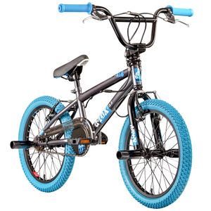 deTox Freestyle BMX 18 Zoll Kinder Fahrrad ab 115 cm mit 4 Pegs 360° Rotor unisex Mädchen Jungen Kinderbmx, Farbe:grau/blau