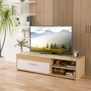 TV skrinka COSTWAY pre televízory do 47", TV skrinka s 1 bočnou skrinkou a 2 otvorenými priehradkami, TV skrinka vo vidieckom štýle, prírodná a biela farba, 120 x 32 x 42 cm