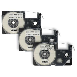 vhbw 3x Schriftband-Kassette Ersatz für Casio XR-9WE1, XR-9WE für Etiketten-Drucker 8m x 9mm Schwarz auf Weiß