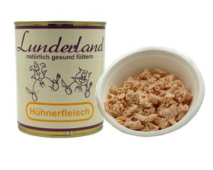 Lunderland Hühnerfleisch Dose 2 x 800g (insg. 1,6 kg), Hundefutter Nassfutter 100 % Hühnerfleisch für Hunde und Katzen