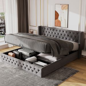 Flieks Čalúnená posteľ 180x200 cm s lamelovým roštom, hydraulická posteľ Boxspring so zásuvkou a úložným priestorom, zamatová manželská posteľ s úložným priestorom Funkčná posteľ, sivá