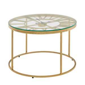 WOHNLING konferenční stolek sklo kov 60x60x43 cm rozkládací stolek zlatý s ozdobnými hodinami, designový obývací stůl kulatý, malý konferenční stolek moderní, odkládací stolek do obývacího pokoje