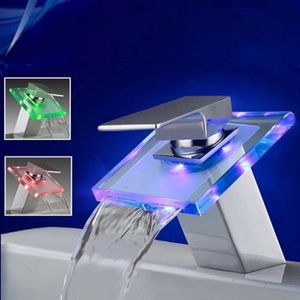 Küchenarmatur LED RGB Glas Wasserfall Wasserhahn Beleuchteter Waschtisch Wasserhahn Einzigartig gestalteter Wasserhahn,leicht zu reinigen und zu warte