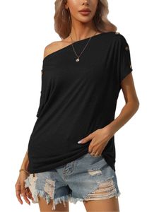 Damen Sommer Einfarbig Schulter Slip Casual Einfachheit Kurzarm T-Shirt One Shoulder Tops Schwarz,Größe Xl