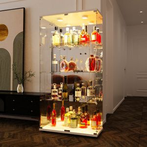 Fortuna Lai Glasvitrine Standvitrine,4 Lagen Glas Vitrine Vitrinenschrank Led Beleuchtung,Schloss und 2 Türe,Sammlervitrine mit Spiegelrückwand für Sammlerstücke Wohnzimmerschrank und Bücher