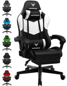 LUCKRACER Gaming-Stuhl Gaming Chair Bürostuhl Ergonomisch mit Lendenkissen Kopfkissen, Höhenverstellbarer Gamer Stuhl 150kg Belastbar, Fußstütze weiß