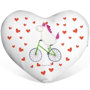 Mr. & Mrs. Panda Herzkissen Einhorn Radfahrer - Weiß - Geschenk, Herzform, Einhorn Deko, Radfahren, Pegasus, Dekokissen, Einhörner, Bike, Unicorn