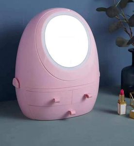 Kosmetische Organisatoren Klare Aufbewahrungsbox mit HD-Spiegel LED-Licht USB wiederaufladbare Lampe Schmuck Make-up Staubdichtes tragbares Make-up