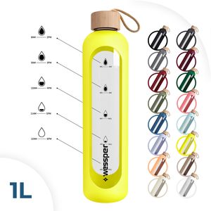 Fľaša na pitie Wessper Glass so silikónovým puzdrom, fľaša na vodu s časovými značkami, motivačná fľaša, priehľadná fľaša na vodu z borosilikátového skla, monitoruje denný príjem vody 1L žltá