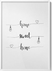 Inschrift an einer Wohnung „Home, sweet home“– Wandbild mit Rahmen – Gerahmtes Bild  – Wanddekoration – 70x100 cm –  Weiß Rahmen