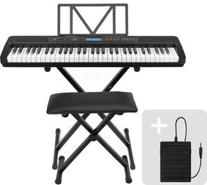 Tastatur-Set - Áengus A902 Keyboard-Piano mit 61 anschlagdynamischen beleuchteten Tasten, USB-MIDI + Sustain-Pedal, Keyboard-Ständer und Klavierhocker