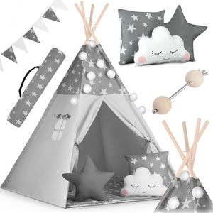 Tipi Zelt Spielzelt Baumwolle Kinderzelt mit 3 Kissen Matratze  Girlande und Lichtern - grau mit Sternen