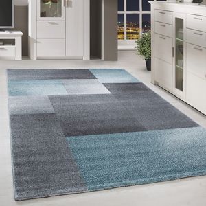 Wohnzimmer Teppich Design Modern Kurzflor Kariert Meliert Pflegeleicht, Farbe:Blau , Größe:140 x200 cm