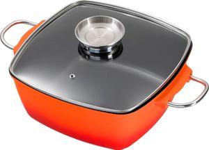 28x28cm KING® Bräter Aluguss hoch / mit Glasdeckel und Aromaknopf / Farbe: rot-orange / Keramikbeschichtung Innen: GREBLON STONEHENGE®