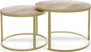 Runde Satztische Couchtische mit Gold Gestell -  Loft Style Couchtische Metallbeine - 2 in 1 - Zwei Industrielle Getrennte Tische für Wohnzimmer - Eiche Sonoma