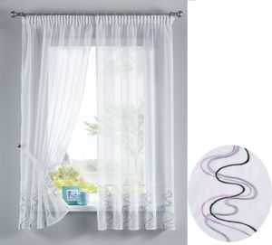 WELLE Stickerei Gardinen Set 4 Tlg. Raffhalter Tunneldurchzug Gardinenband für Gardinenschienen Lila HxB 150x90 cm, 112231