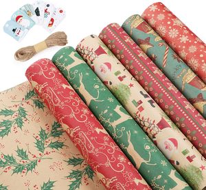 12 Geschenkpapier Weihnachten, Weihnachtspapier Kraftpapier Geschenkpapier 44,2x70cm mit 24 Stück Geschenkanhänger und Jute Schnur für Weihnachten Geburtstag Kraftpapier