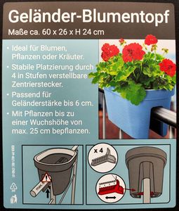 Pflanztopf Geländer 60cm Balkonkübel Geländerkasten bunt - Geländertopf Blumenkasten für Balkongeländer inkl. 4 Halterungen und 2 Ablauflöcher, Farbe:grau