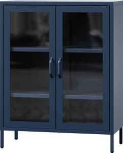 Jan Nowak kleiner Vitrinenschrank Kommode mit 2 Glastüren Gina 2 verstellbare Einlegeböden Standschrank aus Metall, 80 x 101,5 x 40 cm, Dunkelblau