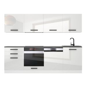 Belini Küchenzeile Küchenblock Alice - Küchenmöbel 240 cm Einbauküche Vollausstattung ohne Elektrogeräten mit Hängeschränke und Unterschränke, ohne Arbeitsplatten, Weiß Hochglanz