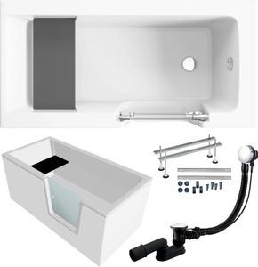 Badewanne Rechteck Set 5in1 140x70 Rechts, Seniorenbadewanne + Glastür und Holzsitz, Premium Ablaufgarnitur und Füßen | BADLAND AVO Badewanne Rechteck Set 5in1 140x70 Rechts, Seniorenbadewanne + Glastür und Holzsitz, Premium Ablaufgarnitur und Füßen | BADLAND AVO