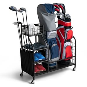 COSTWAY Golftaschen Organizer, Golf-Organizer mit Rollen und Haken, Golf Set Aufbewahrungsregal Golftaschenregal passend für 2 Golftaschen und andere Golf-Ausrüstung und Zubehör, 95 x 40 x 94 cm